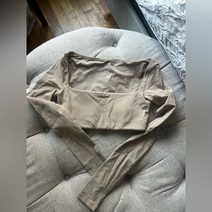 Square Neck Long Sleeve Crop Top in Taupe